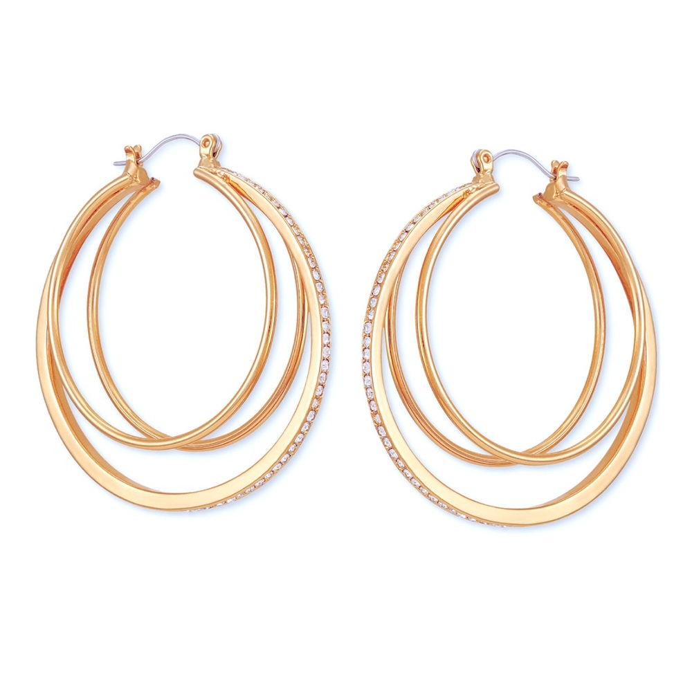 New Guess Medium Pave Multi-Row Gold Hoop Earrings